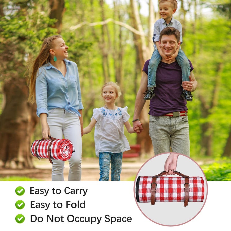 RealPero Extra Large Picnic Blanket Waterproof Camping Mat Rug with PU Carrier Soft Lightweight Portable Outdoor Mat for Travel Lawn Camping on Grass Sand-Proof Beach Red White Plaid - Image 4